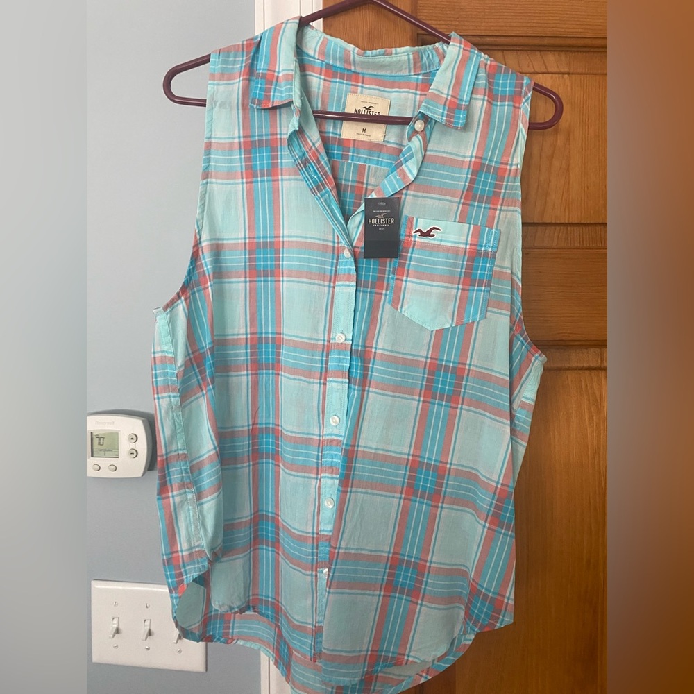Hollister Turquoise and Coral Plaid Shirt